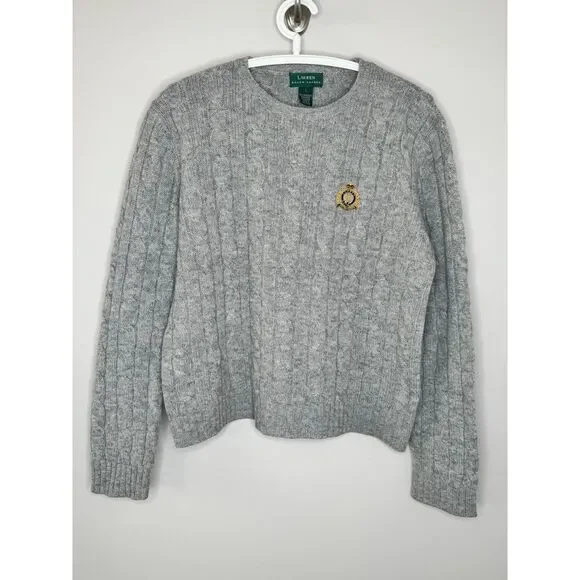 Lauren Ralph Lauren Cable Knit Lambswool Crest Sweater Gray Y2K Classic Preppy - Picture 2 of 6